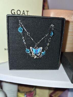 Blue Butterfly Pendant Necklace In Gift Box- New